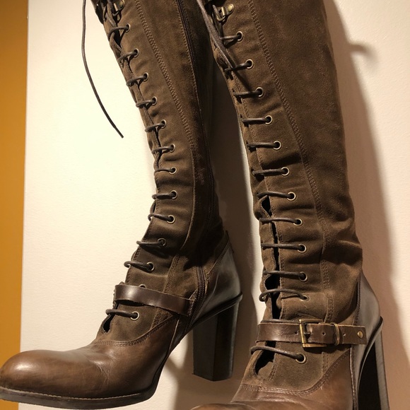 Alberto Fermani Suede & Leather Lace-Up Zippered Knee High Heeled Boots - Picture 7 of 7